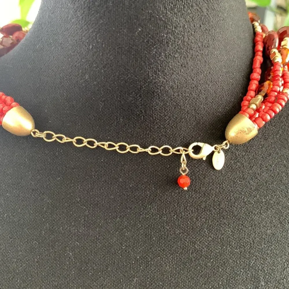 Lia Sophia Signed Coral Multi Strand Chunky Beaded Boho Roper Costume Necklace